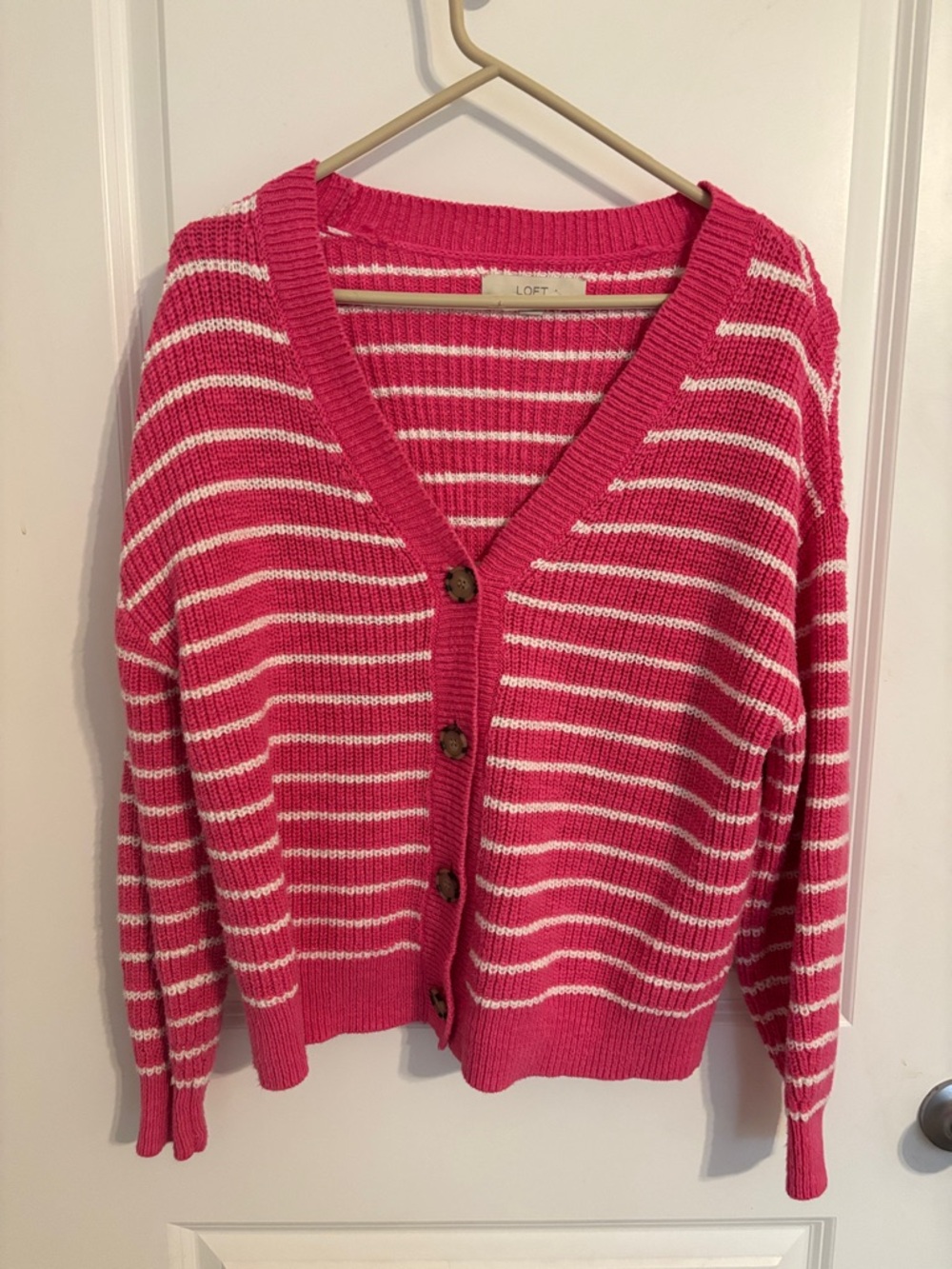 LOFT Hot Pink & White Striped V-Neck Button-Up Cardigan